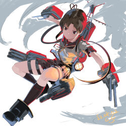 Rule 34 | 1girl, adapted turret, ayanami (kancolle), ayanami kai ni (kancolle), black sailor collar, black skirt, black socks, cannon, commentary request, full body, gegeron, highres, kantai collection, machinery, pleated skirt, sailor collar, sailor shirt, school uniform, serafuku, shirt, side ponytail, skirt, socks, solo, torpedo launcher, turret