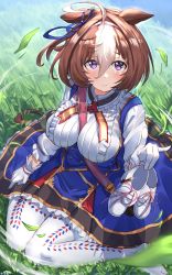 Rule 34 | absurdres, ahoge, animal ears, bag, between breasts, blush, breasts, brown hair, commentary request, grass, hair between eyes, handbag, headband, highres, horse ears, horse girl, horse tail, jeze, large breasts, looking at viewer, meisho doto (umamusume), purple eyes, shoes, holding shoes, unworn shoes, sitting, solo, strap between breasts, tail, thighhighs, umamusume, white thighhighs