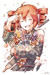 Rule 34 | 1girl, ahoge, bare shoulders, black shirt, bouquet, character name, closed eyes, collared shirt, commentary, cropped torso, dated, detached sleeves, drill hair, facing viewer, falling petals, floating hair, flower, hand up, headphones, highres, holding, holding bouquet, j-dragon, kasane teto, microphone, number tattoo, numbered, hugging object, open mouth, paintbrush, petals, red hair, romaji text, shirt, shoulder tattoo, signature, simple background, smile, solo, tattoo, tearing up, twin drills, utau, white background