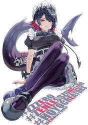 Rule 34 | 1girl, black footwear, black hair, black pantyhose, breasts, commentary request, ear piercing, ellen joe, english text, fins, fish tail, frilled sleeves, frills, frown, full body, furrowed brow, highres, large breasts, light blush, looking at viewer, maid, maid headdress, mole, mole under eye, multicolored hair, nail polish, pantyhose, parted bangs, piercing, red eyes, red hair, red nails, shark tail, short hair, simple background, sitting, solo, tail, uenoryoma, white background, wrist cuffs, zenless zone zero