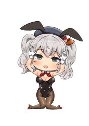 Rule 34 | 1girl, absurdres, animal ears, black leotard, blue eyes, breasts, brown pantyhose, chibi, cleavage, commentary request, detached collar, fake animal ears, fishnet pantyhose, fishnets, full body, gloves, head tilt, high heels, highres, kantai collection, kashima (kancolle), kneeling, large breasts, leotard, looking at viewer, neckerchief, no nose, osananajimi neko, pantyhose, playboy bunny, rabbit ears, rabbit pose, red footwear, red neckerchief, sidelocks, silver hair, solo, strapless, strapless leotard, twintails, wavy hair, white gloves