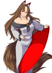 Rule 34 | 1girl, animal ears, bad id, bad pixiv id, bare shoulders, breasts, brooch, brown hair, cleavage, collarbone, covered erect nipples, dress, imaizumi kagerou, jewelry, large breasts, long hair, looking at viewer, memento mori (m.m), nail polish, red eyes, simple background, smile, solo, tail, touhou, white background, wolf ears, wolf tail