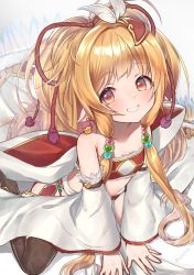 Rule 34 | 1girl, bare shoulders, black legwear, blonde hair, blush, commentary request, detached sleeves, earrings, feathers, granblue fantasy, grin, harvin, harvin, highres, jewelry, long hair, looking at viewer, mahira (granblue fantasy), smile, topia, twitter username, very long hair, wide sleeves