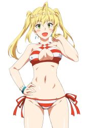 Rule 34 | 1girl, :d, bikini, blonde hair, breasts, earrings, fate/grand order, fate (series), green eyes, halterneck, jewelry, kobayashi shinpei, navel, nero claudius (fate), nero claudius (fate) (all), nero claudius (swimsuit) (fate), nero claudius (swimsuit caster) (fate), open mouth, smile, solo, striped bikini, striped clothes, swimsuit, twintails