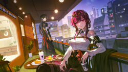 Rule 34 | 1boy, 1girl, absurdres, against railing, arm pouch, bandaged hand, bandages, bare shoulders, black coat, black hair, black jacket, black shorts, blade (honkai: star rail), boots, breasts, cake, cake slice, chest harness, chinese clothes, city, cityscape, clothing cutout, coat, collared shirt, drink, eyewear on head, feet out of frame, food, hair between eyes, harness, high-waist shorts, highres, holding, holding drink, honkai: star rail, honkai (series), ikkia, jacket, kafka (honkai: star rail), long hair, long sleeves, looking at viewer, macaron, medium breasts, medium hair, milkshake, night, night sky, outdoors, pantyhose, pantyhose under shorts, parted lips, purple eyes, purple hair, purple pantyhose, railing, round eyewear, shirt, shorts, shoulder cutout, sidelocks, single thigh boot, sitting, sky, standing, star (sky), sunglasses, table, thigh boots, white shirt