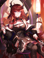 Rule 34 | 1girl, absurdres, arknights, bad id, bad pixiv id, bare shoulders, belt, black dress, black jacket, breasts, brown pantyhose, cleavage, closed mouth, detached collar, dress, highres, horns, jacket, large breasts, leg belt, long hair, long sleeves, looking at viewer, multiple belts, nail polish, off shoulder, open clothes, open jacket, pantyhose, purple eyes, red hair, red nails, sitting, sleeveless, sleeveless dress, solo, surtr (arknights), takano jiyuu, thigh strap