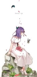 Rule 34 | 1girl, bug, butterfly, buun ko, dress, fate/stay night, fate (series), hair ribbon, highres, insect, long hair, matou sakura, official alternate costume, petals, purple eyes, purple hair, ribbon, sitting, solo