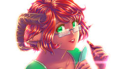 Rule 34 | 1girl, baron of hell, brown horns, cosmetics, curled horns, doom (series), genderswap, genderswap (mtf), glasses, green eyes, highres, horns, humanization, lipstick, lipstick tube, looking at viewer, makeup, mirror, monster girl, nail polish, pointy ears, red hair, red nails, short hair, simple background, substance20, upper body, white background