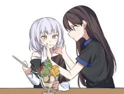 2girls bang_dream! bang_dream!_it&#039;s_mygo!!!!! black_shirt blue_eyes blush brown_hair closed_mouth commentary food food_on_face hashtag-only_commentary heterochromia highres holding holding_spoon ice_cream_spoon jenjen kaname_raana layered_sleeves long_hair long_sleeves matcha_parfait mole mole_under_eye multiple_girls open_mouth purple_eyes shiina_taki shirt short_hair short_over_long_sleeves short_sleeves simple_background spoon white_background white_hair wiping_face yellow_eyes