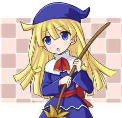 Rule 34 | 1girl, blonde hair, blue eyes, broom, holding, holding broom, long hair, long sleeves, looking at viewer, open mouth, puyopuyo, solo, takazaki piko, twitter username, upper body, witch (puyopuyo)