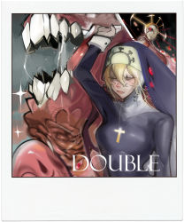 Rule 34 | 1girl, arm up, artist request, blonde hair, character name, cross, cross necklace, crown, double (skullgirls), dual persona, extra eyes, extra mouth, closed eyes, highres, jewelry, necklace, nun, red eyes, saliva, saliva trail, sharp teeth, skullgirls, smile, solo, teeth