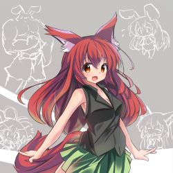 Rule 34 | 1girl, animal ears, bare shoulders, black shirt, breasts, commentary request, fang, fox ears, fox girl, fox tail, green skirt, hair between eyes, highres, long hair, looking at viewer, open mouth, orange eyes, original, red hair, ryogo, shirt, simple background, skirt, sleeveless, sleeveless shirt, small breasts, solo, tail