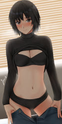 Rule 34 | 1girl, amagami, black bra, black hair, black panties, black sweater, window blinds, blush, bra, breasts, breath, brown eyes, cleavage, closed mouth, clothes lift, clothes pull, commentary, cowboy shot, denim, dutch angle, highres, jeans, light smile, long sleeves, looking at viewer, medium breasts, midriff, nanasaki ai, navel, nose blush, open fly, panties, pants, pants pull, short hair, signature, solo, standing, sweat, sweater, sweater lift, thigh gap, turtleneck, turtleneck sweater, underwear, undressing, unzipped, yoo tenchi