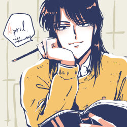 Rule 34 | 1boy, artist name, black eyes, black hair, book, closed mouth, collared shirt, commentary, dated, head rest, highres, holding, holding book, holding pencil, ichijou seiya, joukyou seikatsuroku ichijou, kaiji, long hair, long sleeves, looking at viewer, male focus, medium bangs, open book, pencil, shirt, smile, solo, sweater, symbol-only commentary, unknown03162, upper body, white shirt, yellow sweater