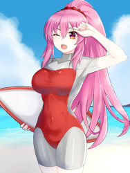 Rule 34 | beach, board, bodysuit, breasts, cloud, commission, diving suit, dripping, excited, hairband, happy, highres, legs, long hair, maho (neptunia), medium breasts, neck, neptune (series), ocean, one eye closed, open mouth, orange eyes, pink hair, ponytail, sky, surfboard, very long hair, water, wet, wet hair, wetsuit, zatsu