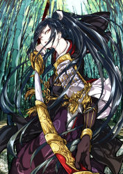Rule 34 | 1boy, ahoge, armor, bamboo, bamboo forest, black hair, enouchi ai, forest, highres, holding, holding sword, holding weapon, japanese armor, katana, long hair, male focus, nature, original, outdoors, parted lips, scabbard, sheath, solo, sword, unsheathing, very long hair, weapon, yellow eyes