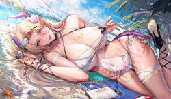Rule 34 | 1girl, areola slip, armband, beach, bikini, blonde hair, blue sky, boat, book, breasts, chain, chinese commentary, cloud, coin, covered erect nipples, crab, cross, cross necklace, demon girl, demon horns, demon tail, unworn eyewear, flower, gem, hair flower, hair ornament, high heels, horns, jewelry, large breasts, leg up, lying, nail polish, navel, necklace, o-ring, o-ring bikini, on side, open mouth, original, palm tree, pen, pink flower, pink rose, pointy breasts, pointy ears, pubic tattoo, red eyes, red lips, rose, see-through, sidelocks, sky, solo, star (symbol), strappy heels, sunglasses, swimsuit, tail, tattoo, teeth, thigh bands, thigh strap, towel, tree, tsuki no i-min, virtual youtuber, water, watercraft, watermark, waves, white bikini, yacht