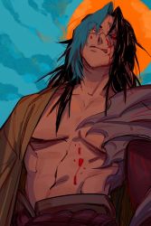 Rule 34 | 1boy, bare pectorals, belt, black hair, black sclera, blood, blood on face, blue hair, blue sky, closed mouth, cloud, collarbone, colored sclera, contrast, highres, kayn (league of legends), league of legends, licking, long hair, male focus, manly, multicolored hair, navel, outdoors, pectorals, red eyes, rope belt, sky, slit pupils, solo, tongue, tongue out, vixen z6, yellow eyes