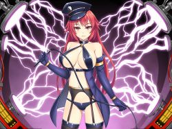 Rule 34 | 1girl, bare shoulders, blush, breasts, cleavage, dmm, elbow gloves, female focus, garter straps, gloves, hat, large breasts, legs, lightning, long hair, looking at viewer, machine, navel, red eyes, red hair, solo, standing, thighhighs, thighs, whip
