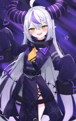 Rule 34 | 1girl, absurdres, ahoge, ascot, belt, black horns, braid, braided bangs, chain, coat, collar, fang, grey hair, haidollo, highres, hololive, horns, la+ darknesss, la+ darknesss (1st costume), long hair, looking at viewer, metal collar, multicolored hair, o-ring, pointy ears, purple coat, purple hair, skin fang, sleeves past fingers, sleeves past wrists, smile, solo, star (symbol), streaked hair, striped horns, ufo, virtual youtuber, yellow ascot, yellow eyes