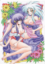 Rule 34 | 2girls, absurdres, bare shoulders, barefoot, blue hair, blush, breasts, breasts out, dress, earrings, fingernails, flower, hand on own hip, hand on own knee, highres, hip focus, jewelry, long hair, masaki aeka jurai, medium breasts, miniskirt, multiple girls, nail polish, nipples, no bra, off shoulder, open clothes, open dress, panties, pink dress, pink skirt, purple hair, red eyes, red skirt, ryouko (tenchi muyou!), scan, shimazaki yoshio, shirt, shirt down, sitting, skirt, smile, tenchi muyou!, twintails, underwear, very long hair, white panties, white shirt, yellow eyes