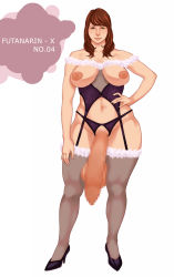 Rule 34 | 1girl, blush, breastless clothes, breasts, brown eyes, brown hair, censored, crotchless, crotchless panties, futanari, highres, huge penis, large breasts, lips, mousou anima, nipples, panties, penis, smile, solo, thick thighs, thighs, underwear, veins, veiny penis, wide hips
