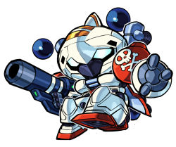 Rule 34 | blue eyes, chibi, commentary, commission, english commentary, gun, highres, holding, holding gun, holding weapon, looking ahead, mecha, mobilesuit alpha, no humans, pillar buster, robot, side arms, side arms hyper dyne, skull and crossbones, solo, thrusters, weapon, white background