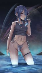 Rule 34 | 1girl, absurdres, bare legs, bikini, bikini bottom only, blue eyes, blue hair, bracelet, earrings, gluteal fold, highres, hololive, hoshimachi suisei, jewelry, light smile, looking to the side, navel, necklace, night, night sky, non-web source, ocean, self-upload, sky, solo, standing, star (sky), star (symbol), star necklace, swimsuit, thighs, vicarious, virtual youtuber, wading, water, wet