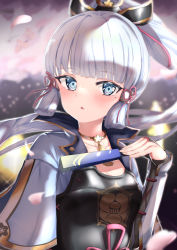 Rule 34 | 1girl, armor, ayaka (genshin impact), blunt bangs, blurry, breastplate, bridal gauntlets, choker, collarbone, commentary request, depth of field, folding fan, genshin impact, grey eyes, hair ornament, hair ribbon, hair tubes, hand fan, highres, holding, holding fan, japanese clothes, long hair, looking at viewer, mole, mole under eye, parted lips, petals, ponytail, ribbon, shinka (user rcem8835), short sleeves, sidelocks, solo, tress ribbon, white hair, wind