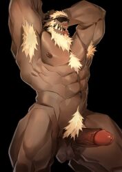 Rule 34 | 1boy, abs, absurdres, animal ears, armpits, arms behind head, bara, beard, blindfold, body fur, completely nude, dark-skinned male, dark skin, deer ears, erection, facial hair, feet out of frame, girthy penis, highres, large pectorals, large penis, long beard, male focus, muscular, muscular male, nipples, nude, original, pectorals, penis, rathalosx4, sharp teeth, short hair, sideburns, solo, stomach, teeth, thick thighs, thighs, tied beard