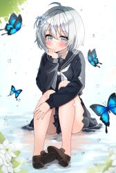 Rule 34 | 1girl, ahoge, animal, black footwear, black sailor collar, black serafuku, black shirt, black skirt, blush, bug, butterfly, choker, closed mouth, commentary request, commission, full body, grey eyes, grey hair, hair between eyes, hair intakes, highres, insect, knees up, kubong, loafers, long sleeves, neckerchief, original, puffy long sleeves, puffy sleeves, sailor collar, school uniform, serafuku, shirt, shoe soles, shoes, sitting, skirt, solo, water, white choker, white neckerchief