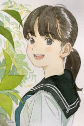 1girl black_hair black_sailor_collar blush from_side highres looking_at_viewer open_mouth original painting_(medium) parted_bangs plant ponytail sailor_collar shinomiya_nanase shirt signature smile solo teeth traditional_media turning_head watercolor_(medium) white_background white_shirt