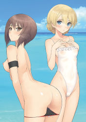 Rule 34 | 2girls, ass, bikini, bikini bottom only, bikini pull, black bikini, blonde hair, blue eyes, blush, braid, breasts, brown eyes, brown hair, cleavage, clothes pull, covered erect nipples, cowboy shot, darjeeling (girls und panzer), day, from behind, girls und panzer, hands on own chest, highleg, highleg swimsuit, horizon, looking at viewer, looking up, medium breasts, multiple girls, nipples, nishizumi maho, one-piece swimsuit, outdoors, parted lips, perky breasts, see-through, short hair, swept bangs, swimsuit, thighs, tony taka, topless, white one-piece swimsuit