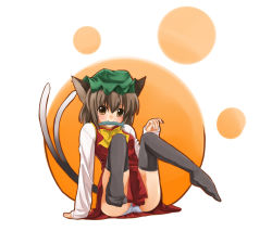 Rule 34 | 1girl, animal ears, bad id, bad pixiv id, black thighhighs, cat ears, cat girl, cat tail, chen, china dress, chinese clothes, dress, earrings, feet, female focus, fish, hat, jewelry, legs up, mouth hold, multiple tails, panties, pantyshot, paw print, sitting, socks, solo, spread legs, tail, thighhighs, touhou, underwear, yu-ki, yuuki (ashitahare)