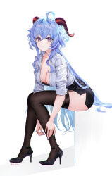 Rule 34 | 1girl, ahoge, alternate costume, bare shoulders, black skirt, black thighhighs, blue hair, blue nails, blush, bra, breasts, cleavage, closed mouth, collared shirt, full body, ganyu (genshin impact), garter straps, genshin impact, goat horns, high heels, highres, horns, large breasts, leaning forward, long hair, long sleeves, looking at viewer, miniskirt, office lady, pencil skirt, purple eyes, rity, shirt, shirt tucked in, sidelocks, sitting, skirt, solo, thighhighs, thighs, underwear, very long hair, wavy hair, white shirt