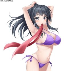Rule 34 | 1girl, bare shoulders, bikini, black hair, blush, bow, breasts, cleavage, closed mouth, collarbone, hair bow, high ponytail, isekai wa smartphone to tomo ni., kokonoe yae, large breasts, long hair, looking at viewer, navel, red bow, ribbon, simple background, solo, swimsuit, thighhighs, very long hair, white background