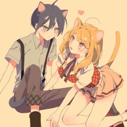 Rule 34 | 1boy, 1girl, ahoge, akamatsu kaede, all fours, alternate costume, animal ears, ankle socks, bare legs, black socks, blonde hair, blue hair, blue shirt, bow, bowtie, brown bow, brown bowtie, brown pants, brown skirt, cat ears, cat tail, closed mouth, collared shirt, commentary request, danganronpa (series), danganronpa v3: killing harmony, eye contact, eyelashes, feet out of frame, fortissimo, green eyes, hair between eyes, hair ornament, heart, hetero, highres, kemonomimi mode, lace-trimmed tank top, lace trim, light blush, looking at another, miniskirt, musical note, musical note hair ornament, open mouth, pants, pleated skirt, puffy short sleeves, puffy sleeves, purple eyes, red footwear, red tank top, saihara shuichi, shirt, shoes, short sleeves, simple background, sitting, skirt, smile, socks, suspenders, tail, tank top, v-shaped eyebrows, white shirt, white sleeves, white socks, yellow background, zang li