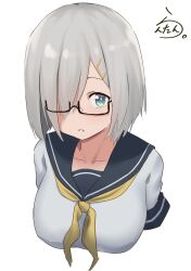 Rule 34 | 1girl, absurdres, bespectacled, blue eyes, blush, breasts, glasses, grey hair, grey sailor collar, hair ornament, hair over one eye, hairclip, hamakaze (kancolle), highres, kantai collection, lanthan, large breasts, looking at viewer, neckerchief, sailor collar, school uniform, serafuku, short hair, short sleeves, sign, simple background, solo, upper body, white background, yellow neckerchief