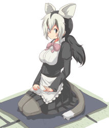 Rule 34 | 1girl, animal ears, apron, beckoning, black eyes, black hair, bow, bowtie, closed mouth, collared shirt, extra ears, full body, grey hair, hair between eyes, hand rest, hane (kirschbaum), highres, kemono friends, lap pillow invitation, long hair, long sleeves, looking at viewer, multicolored hair, pantyhose, patting lap, pleated skirt, seiza, shirt, sitting, skirt, smile, solo, tail, tatami, twintails, waist apron, white-eared opossum (kemono friends), white apron