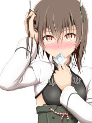 Rule 34 | 10s, 1girl, bike shorts, blush, brown eyes, brown hair, condom, condom in mouth, condom wrapper, hair between eyes, hamaguri (hamaguri1234), headband, headgear, heart, heart-shaped pupils, highres, kantai collection, mouth hold, muneate, short hair, simple background, skirt, solo, sweat, symbol-shaped pupils, taihou (kancolle), white background