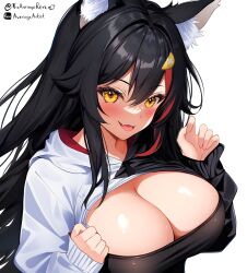 Rule 34 | 1girl, absurdres, adapted costume, alternate breast size, animal ear fluff, animal ears, artist name, black hair, black hoodie, black shirt, blush, breasts, cleavage, fang, frqz bijutsu, highres, hololive, hood, hoodie, large breasts, long sleeves, looking at viewer, multicolored hair, ookami mio, ookami mio (casual), open mouth, red hair, shirt, simple background, skin fang, sleeves past wrists, smile, solo, streaked hair, two-tone hoodie, upper body, virtual youtuber, white background, white hoodie, wolf ears, wolf girl, yellow eyes