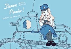 Rule 34 | 10s, 1girl, 2018, :t, bad id, bad twitter id, bc freedom (emblem), bc freedom military uniform, blonde hair, blue background, blue theme, character request, dated, eating, emblem, food, food on face, french text, ft-17, girls und panzer, girls und panzer saishuushou, happy new year, hat, japanese text, kneehighs, long hair, military, military vehicle, monochrome, motor vehicle, necktie, new year, on vehicle, partially translated, shima (rice 32), sketch, socks, solo, tank, translation request, twitter username, utensil in mouth, vehicle request