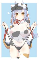 Rule 34 | 1girl, animal ears, animal print, bikini, bikini bottom only, black bikini, blue background, blue hair, blush, border, breasts, breasts out, catura (granblue fantasy), covered erect nipples, cow ears, cow girl, cow hat, cow horns, cow print, detached collar, detached sleeves, draph, ear piercing, gluteal fold, granblue fantasy, hat, heart, highres, horns, kazahari kazuho, large breasts, long hair, looking at viewer, open mouth, oppai loli, piercing, pointy ears, see-through, shortstack, solo, swimsuit, thighhighs, thighs, white border, wide sleeves, yellow eyes