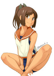 Rule 34 | 10s, 1girl, barefoot, between legs, brown eyes, brown hair, dark skin, dark-skinned female, hair ornament, hairclip, hand between legs, i-401 (kancolle), indian style, kantai collection, one-piece swimsuit, ponytail, sailor collar, sakula, school swimsuit, school uniform, serafuku, short ponytail, simple background, sitting, smile, solo, swimsuit, swimsuit under clothes, twitter username, white background