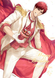 Rule 34 | 1boy, cake, cape, coat, collared coat, feet out of frame, food, gloves, happy birthday, highres, holding, holding cake, holding food, kagami taiga, kuroko no basuke, looking at viewer, male focus, necktie, pants, red cape, red hair, red necktie, red sweater vest, simple background, smile, solo, strawberry cake, sweater vest, teeth, white background, white coat, white gloves, white pants, yellow eyes, zawar379