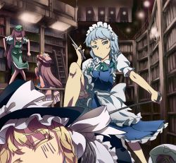 Rule 34 | 4girls, apron, blonde hair, blue dress, book, bookshelf, bow, braid, crescent, dress, female focus, grey eyes, hanging, hat, hat bow, hong meiling, izayoi sakuya, kirisame marisa, knife, ladder, library, long hair, maid, maid apron, maid headdress, multiple girls, patchouli knowledge, puffy sleeves, purple hair, red hair, rope, shaded face, shirt, short sleeves, silver hair, sinzan, skirt, skirt set, standing on person, sweatdrop, touhou, twin braids, very long hair, voile, waist apron, witch hat