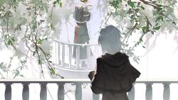 Rule 34 | 2boys, absurdres, balcony, black cape, black capelet, black footwear, black robe, book, branch, brown hair, cape, capelet, chinese commentary, commentary request, day, dual persona, emet-selch, facing another, facing away, final fantasy, final fantasy xiv, from behind, fur-trimmed cape, fur trim, gloves, grey hair, highres, holding, holding book, hood, hood down, hooded capelet, leaf, long sleeves, male focus, multicolored hair, multiple boys, railing, robe, short hair, standing, time paradox, two-tone hair, upper body, white gloves, wojiushilaichuanbodianfunengliang