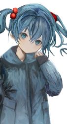 Rule 34 | 1girl, absurdres, alternate costume, amagi xx, bad id, bad twitter id, blue eyes, blue hair, blue jacket, blush, closed mouth, hair between eyes, hair bobbles, hair ornament, highres, jacket, kawashiro nitori, long sleeves, looking at viewer, medium hair, simple background, solo, touhou, twintails, upper body, white background
