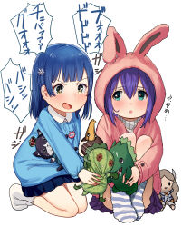 Rule 34 | &gt;:d, + +, :d, :o, absurdres, aged down, animal ears, animal hood, attack, blouse, blue hair, blue shirt, blue skirt, blush, character doll, chupacabra (idolmaster), collared shirt, fake animal ears, flower, green eyes, hair between eyes, hair flower, hair ornament, handa roco, highres, holding, holding stuffed toy, hood, hood up, hooded jacket, idolmaster, idolmaster million live!, jacket, kindergarten uniform, kneeling, looking at another, mochizuki anna, nanao yuriko, no shoes, open mouth, parted lips, pink jacket, playing games, pleated skirt, purple hair, purple skirt, rabbit ears, rabbit hood, shirt, simple background, sitting, skirt, smile, socks, sparkling eyes, striped clothes, striped socks, stuffed toy, suzuki puramo, tearing up, translation request, v-shaped eyebrows, white background, white flower, white shirt, white socks, yellow eyes