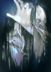 Rule 34 | 1girl, black background, blue eyes, commentary, covered mouth, dirty, final fantasy, final fantasy xiv, foreshortening, gingx02, glowing, glowing eye, hand up, hood, hood down, liquid, long hair, looking at viewer, mixed-language commentary, one eye covered, outstretched arm, reaching, reaching towards viewer, solo, spoilers, upper body, venat (ff14), white hair, wide sleeves
